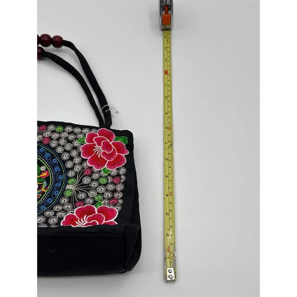 Vintage Style Embroidered Floral Canvas Tote Bag Black Beaded Strap Handbag